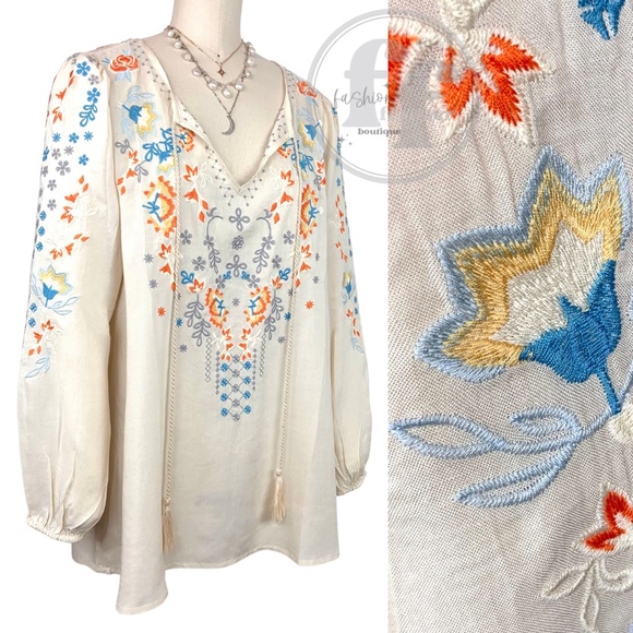 Andree By Unit Embroidered Boho Floral Peasant Flowers Tunic Shirt Blouse Top - Picture 2 of 10